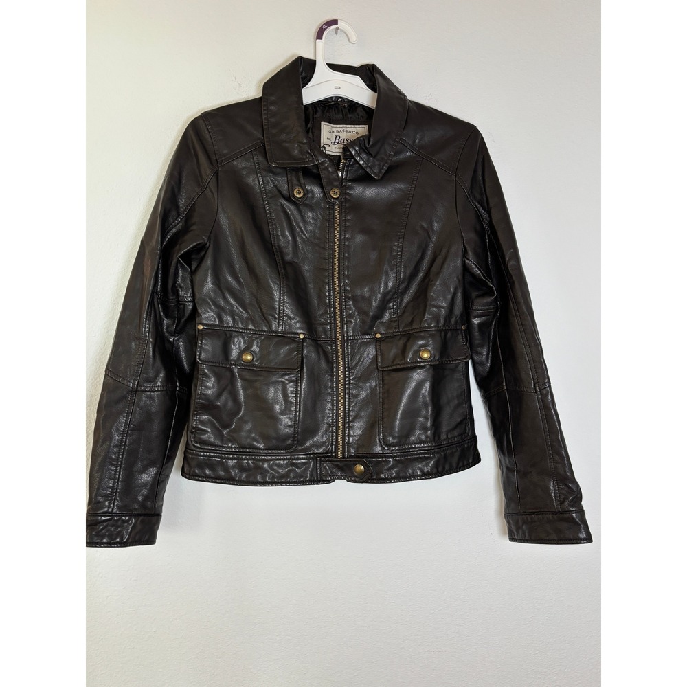 GH Bass & Co Womens Faux Leather Jacket Brown XS Full Zip Utility Moto Coat